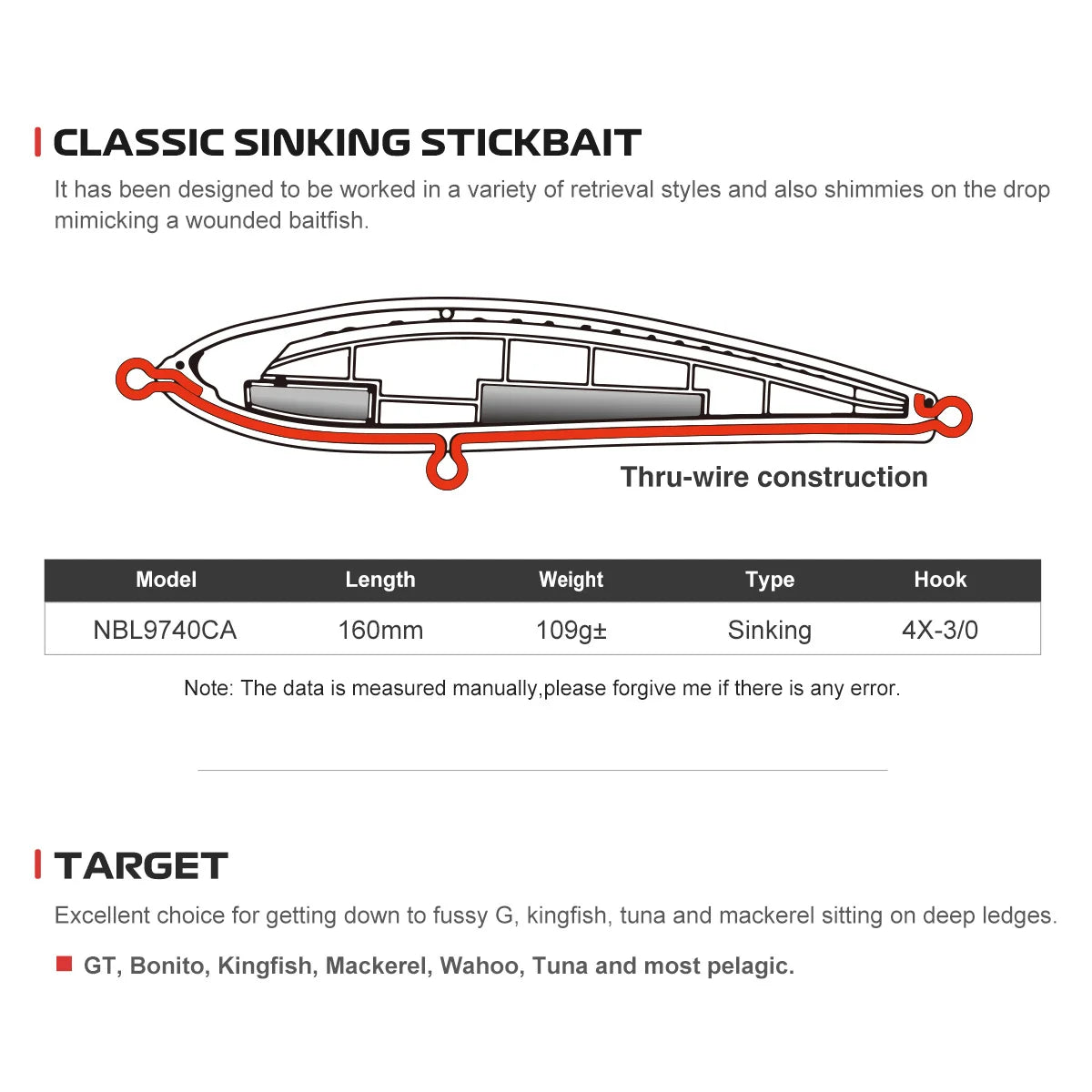 160mm 109g The Pest Stickbait for Big Game Tuna and GT Fishing