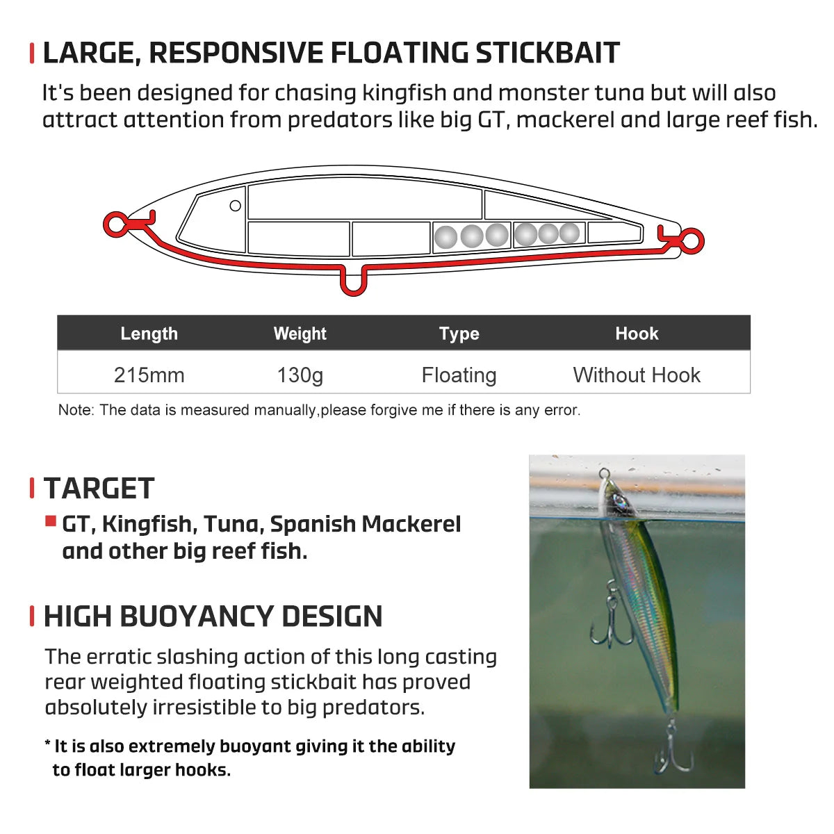 215mm 128g Tobiuo Diving Stickbait for Offshore Big Game Fishing