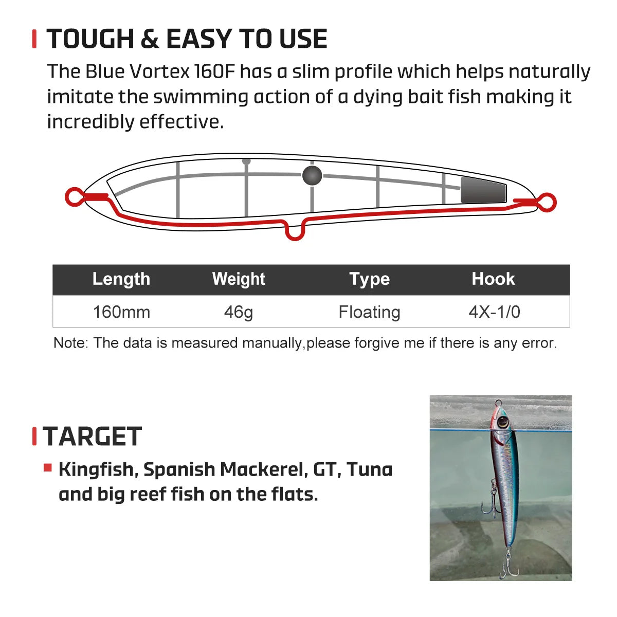 160mm 46g Blue Vortex Stickbait Floating Pencil with Rolling Action for Tuna and GT Fishing