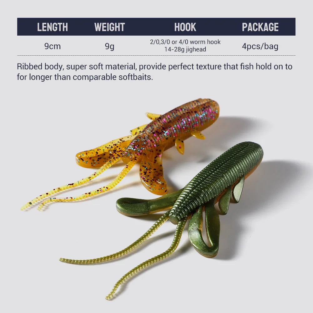 Silicone Soft Creature Bait 90mm 9g for Bass Fishing, Shrimp Worm Fishing Tackle Lure