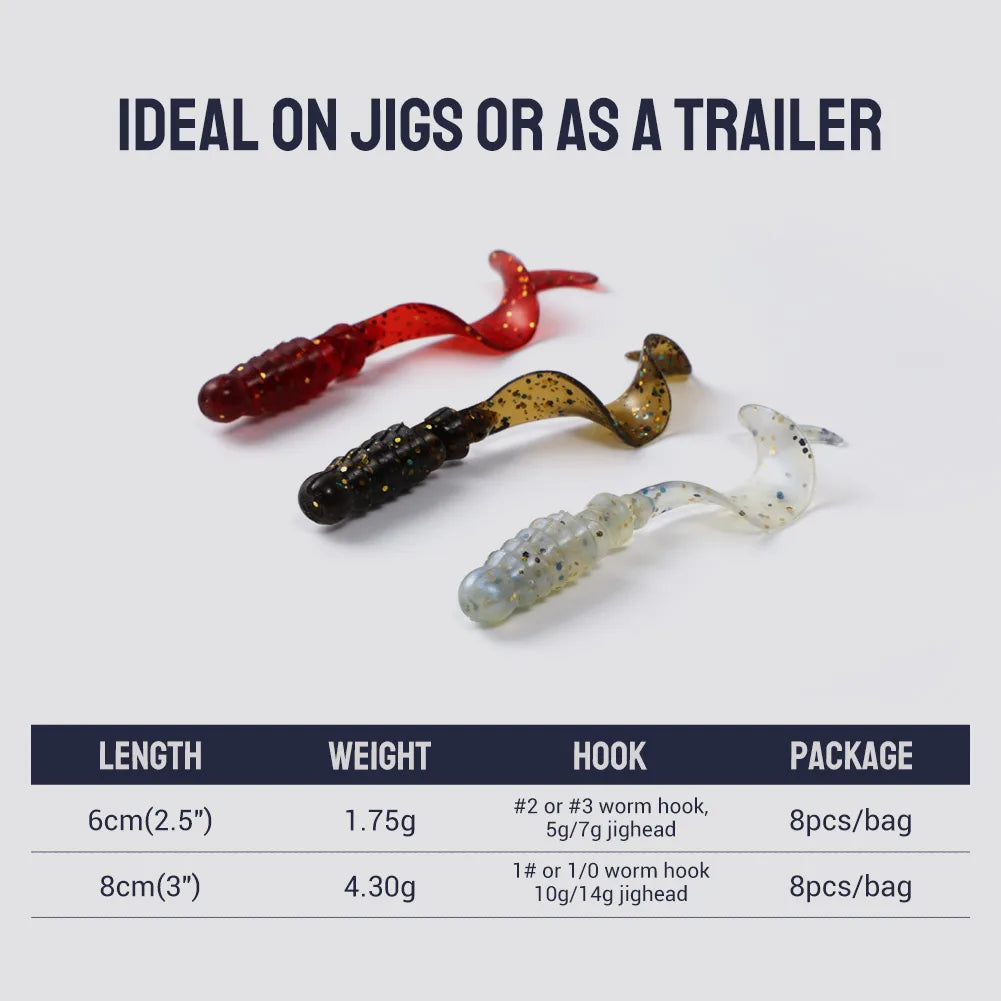 8pcs 60mm-80mm Silicone Grub Spinner Lures for Bass