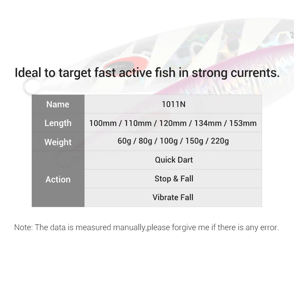 60g-220g Slender Slow Jigging Metal Jig for Deep Sea Fishing