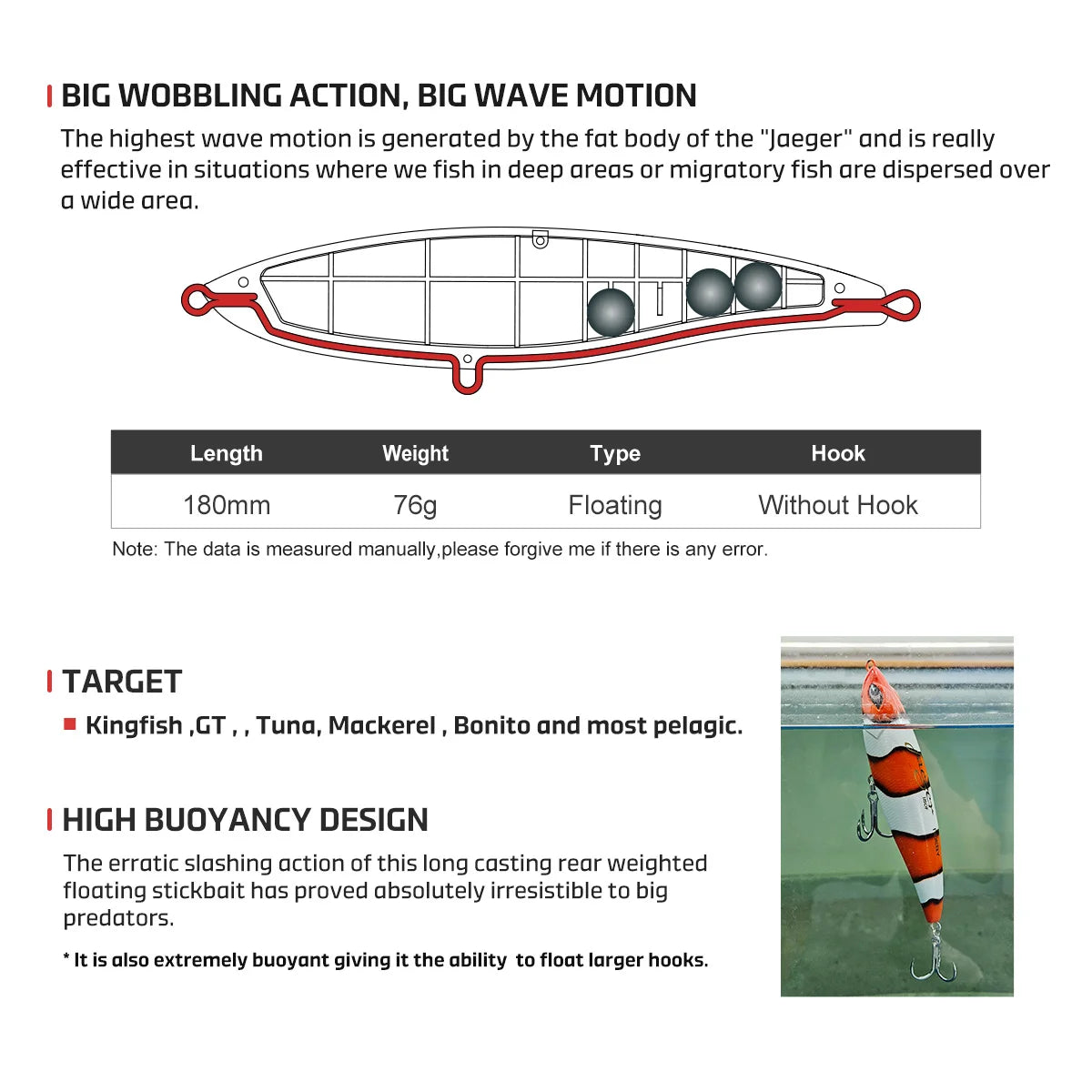 180mm 76g Jaeger Stickbait for Saltwater Big Game Fishing