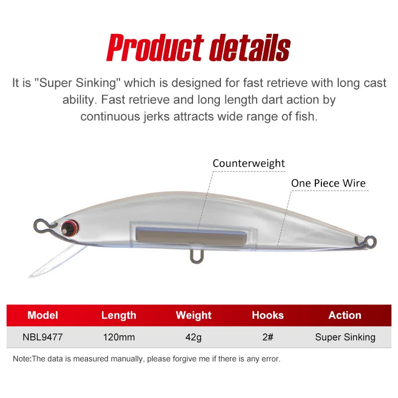 120mm 42g Sinking Minnow Lure for Shore Casting and Boat Fishing